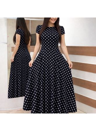 Kadın Kısa Kollu Bisiklet Yaka Puantiyeli Maksi örme Krep Elbise