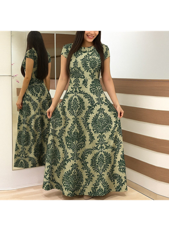 Kadın Kısa Kollu Bisiklet Yaka Puantiyeli Maksi örme Krep Elbise