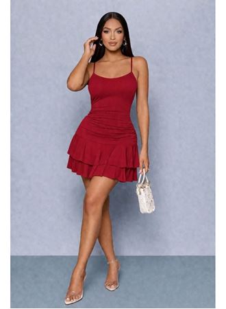 Kadın Ip Askılı Yuvarlak Yaka Büzgülü Kısa Sandy Elbise