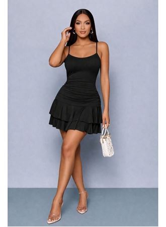 Kadın Ip Askılı Yuvarlak Yaka Büzgülü Kısa Sandy Elbise