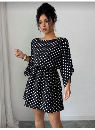 Kadın Puantiyeli örme Krep Mini Elbise (kemersiz)