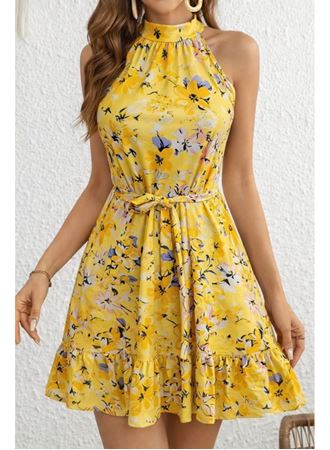 Kadın Omuzlardan Açık Balıkçı Yakalı Kuşaklı Desenli Kısa Süprem Elbise