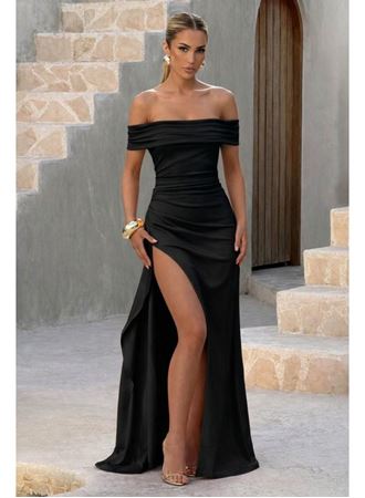 Kadın Madonna Yaka Pileli Derin Yırtmaçlı Uzun Ithal Krep Elbise