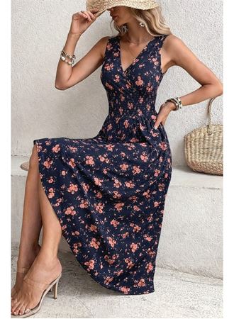 Kadın Beli Gipeli Etnik Desen Sıfır Kol Süprem Elbise