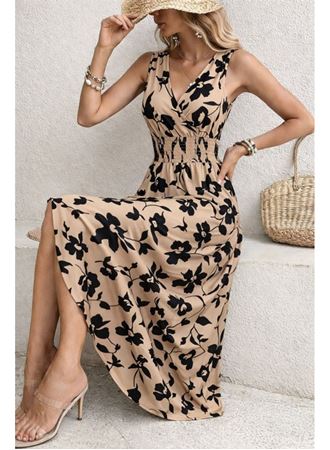 Kadın Beli Gipeli Etnik Desen Sıfır Kol Süprem Elbise