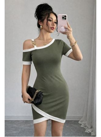 Kadın Kısa Kollu Asimetrik Kesim Yaka şerit Ve Aksesuar Detaylı Modal Elbise