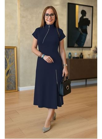 Kadın Kısa Kollu Yakadan Ve Etekten Fermuarlı Midi Viskon Iki Iplik Elbise