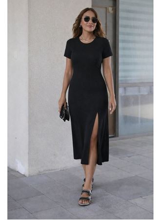 Kadın Kısa Kollu Bisiklet Yaka Yandan Yırtmaçlı Midi Viskon Elbise