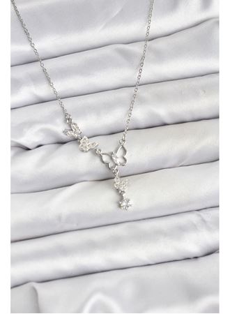 316L Çelik Zincir Gümüş Renk Kelebek Model Kadın Kolye