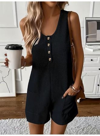 Kadın Omuz Askılı önden Düğmeli Waffle Kısa Tulum