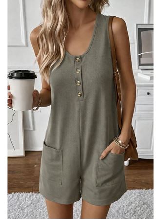 Kadın Askılı Yuvarlak Yaka önden Düğmeli Waffle Kısa Tulum