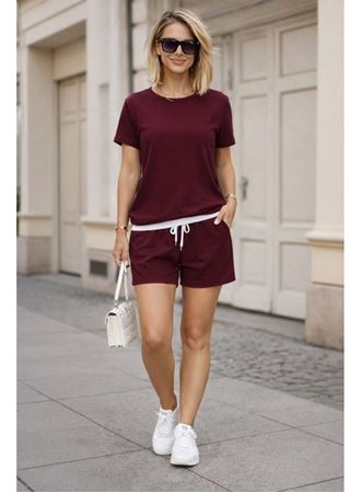 Kadın Kısa Kollu Bisiklet Yaka Viskon Iki Iplik Kumaş Bluz Ve şort Ikili Takım