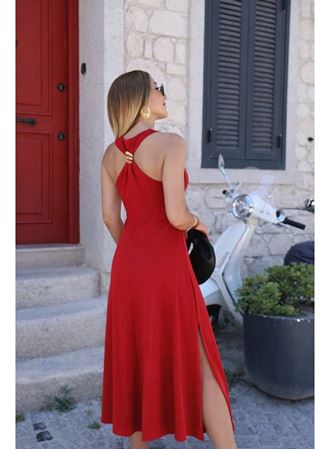 Kadın Omuzlardan Açık Arkadan Toka Detaylı Yırtmaçlı Uzun Viskon Elbise