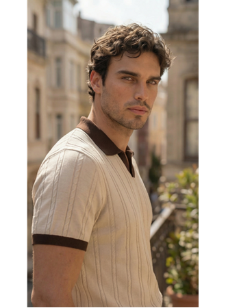 Erkek Örgü Desen Yakalı Kısa Kollu Triko Tişört - %100 Pamuk Akrilik