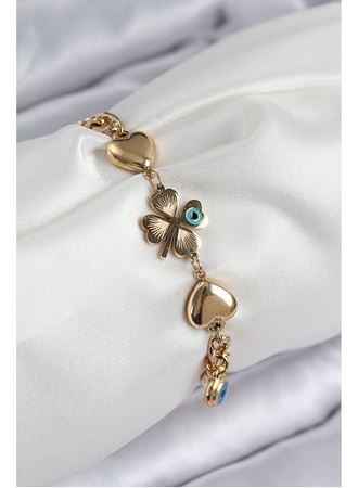 316L Çelik Nazar Boncuk Detaylı Yonca Model Gold Renk Kadın Bileklik