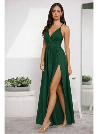 Kadın Ip Askılı Kruvazeli Yırtmaç Detaylı Yerli Krep Uzun Elbise