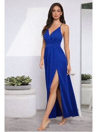 Kadın Ip Askılı Kruvazeli Yırtmaç Detaylı Yerli Krep Uzun Elbise