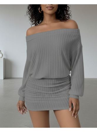 Kadın Uzun Kollu Madonna Yaka Yanlardan Büzgülü şardonlu Kaşkorse Mini Elbise