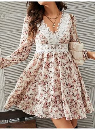 Kadın Uzun Kollu Dantel V Yakalı Mini Desenli Süprem Elbise