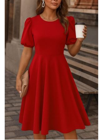Kadın Kısa Balon Kollu Bisiklet Yaka Geniş Kesim Janjan Krep Elbise