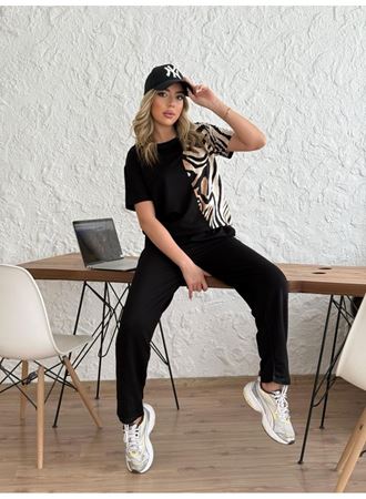 Kadın Bisiklet Yaka Kısa Kol Leopar Desen Bluz Ve Pantolon Ikili Takım