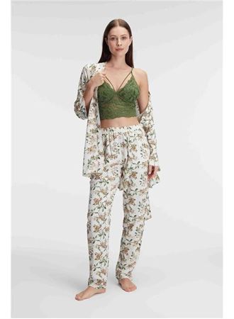 İp Askılı V Yaka Çiçek Desenli Yazlık Dokuma Dantel Detaylı Sabahlık Pijama Takımı