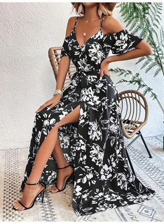 Kadın Ip Askılı Kısa Kollu Kruvaze Yakalı Yırtmaçlı Desenli Süprem Elbise