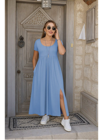 Kadın Kısa Kollu Yuvarlak Yaka önden Yırtmaçlı Cepli Viskon Uzun Elbise