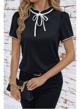 Kadın Kısa Kollu Yakası Fırfırlı Bağcıklı Janjan Krep Bluz