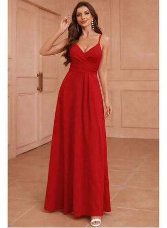 Kadın Ip Askılı Kruvaze Yakalı Yırtmaçlı Uzun Ithal Krep Elbise