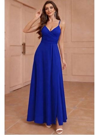 Kadın Ip Askılı Kruvaze Yakalı Yırtmaçlı Uzun Ithal Krep Elbise