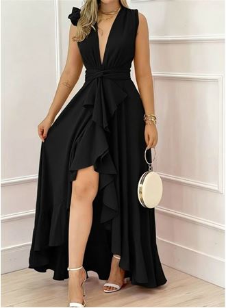 Kadın Askılı Kruvaze Yakalı önü Volanlı Uzun Krep Elbise