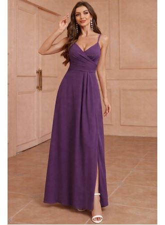 Kadın Ip Askılı Kruvaze Yakalı Yırtmaçlı Uzun Ithal Krep Elbise