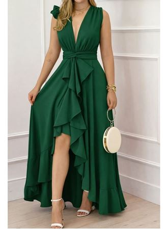 Kadın Askılı Kruvaze Yakalı önü Volanlı Uzun Krep Elbise