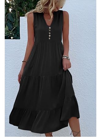 Kadın Askılı V Yakalı önden Düğmeli Midi Viskon Elbise