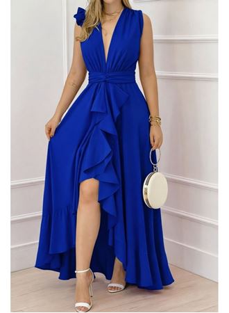 Kadın Askılı Kruvaze Yakalı önü Volanlı Uzun Krep Elbise