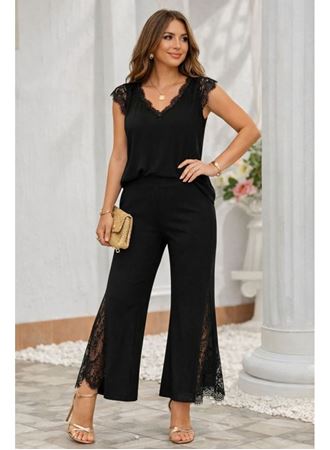Kadın Kısa Kollu V Dantel Yakalı Sandy Bluz Pantolon Ikili Takım