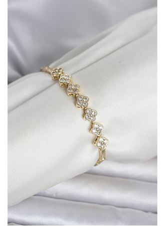 Pirinç Gold Renk Yonca Model Zirkon Taşlı Kadın Bileklik