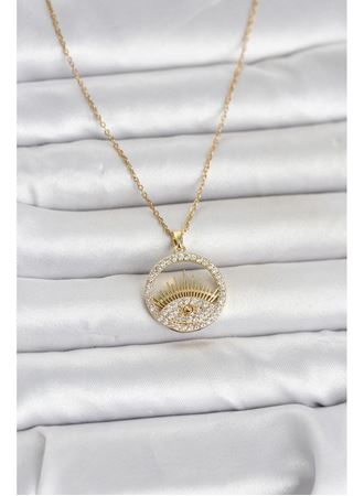 316L Çelik Gold Renk Zirkon Taşlı Göz Model Kadın Kolye