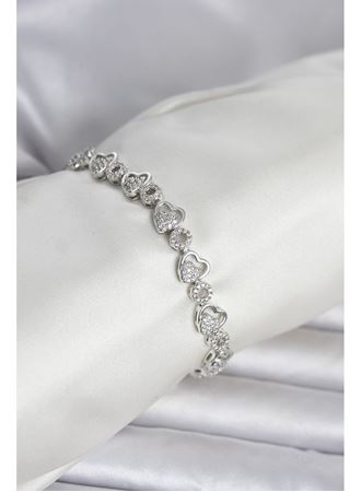 Pirinç Gümüş Renk Zirkon Taşlı Kalp Model Kadın Bileklik