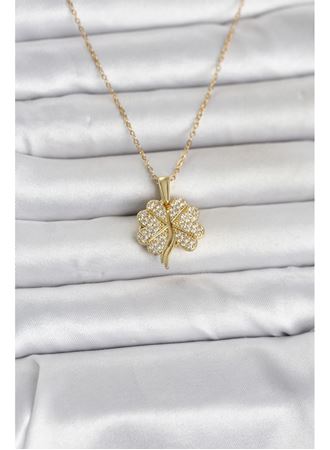 316L Çelik Gold Renk Açılabilir Yonca Model Zirkon Taşlı Kadın Kolye
