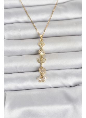 316L Çelik Gold Renk Şans Kolyesi Y Model Zirkon Taşlı Kadın Kolye