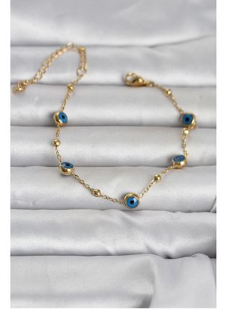 316L Çelik Gold Renk Top Zincirli Nazarlı Kadın Bileklik