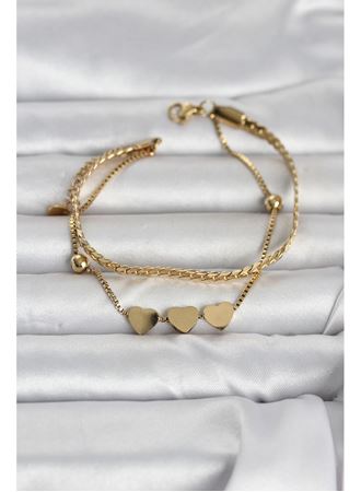 316L Çelik Gold Renk Ezme Zincir ve Kalpli Kadın Bileklik