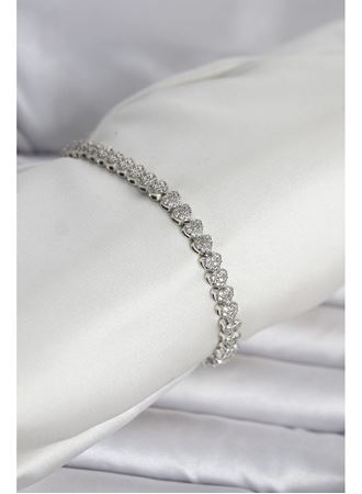 Pirinç Gümüş Renk Kalp Model Sıralı Zirkon Taşlı Kadın Bileklik