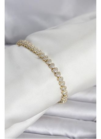Pirinç Gold Renk Kalp Model Sıralı Zirkon Taşlı Kadın Bileklik