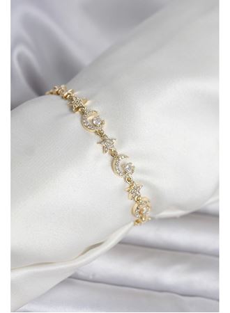Pirinç Gold Renk Zirkon Taşlı Ay ve Yıldız Model Kadın Bileklik