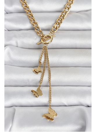 316L Çelik Gold Renk Kelebek Sallantılı Kadın Kolye