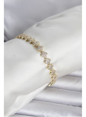 Pirinç Gold Renk Yonca Model Sıralı Zirkon Taşlı Kadın Bileklik