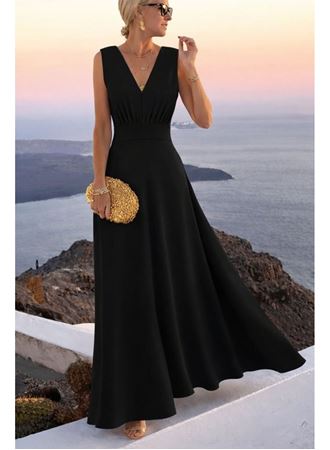 Kadın Askılı V Yakalı Bel Korsaj Detaylı Uzun Ithal Krep Elbise